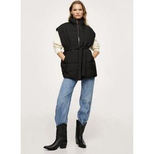 MANGO Padded Waistcoat Puffer Vest With Belt Black XS Waist Tie Oversize